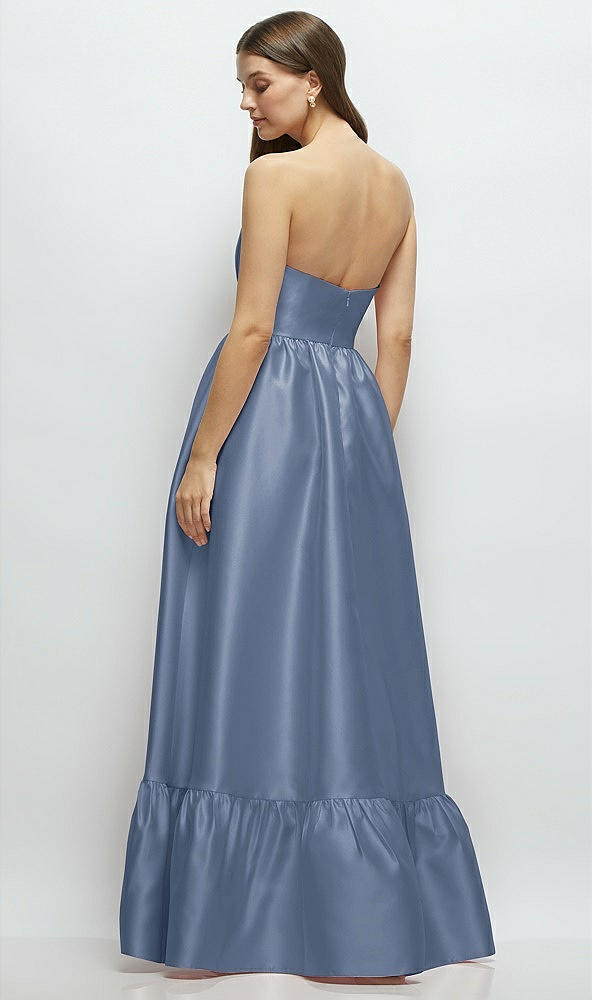 Back View - Larkspur Blue Strapless Cat-Eye Boned Bodice Maxi Dress with Ruffle Hem