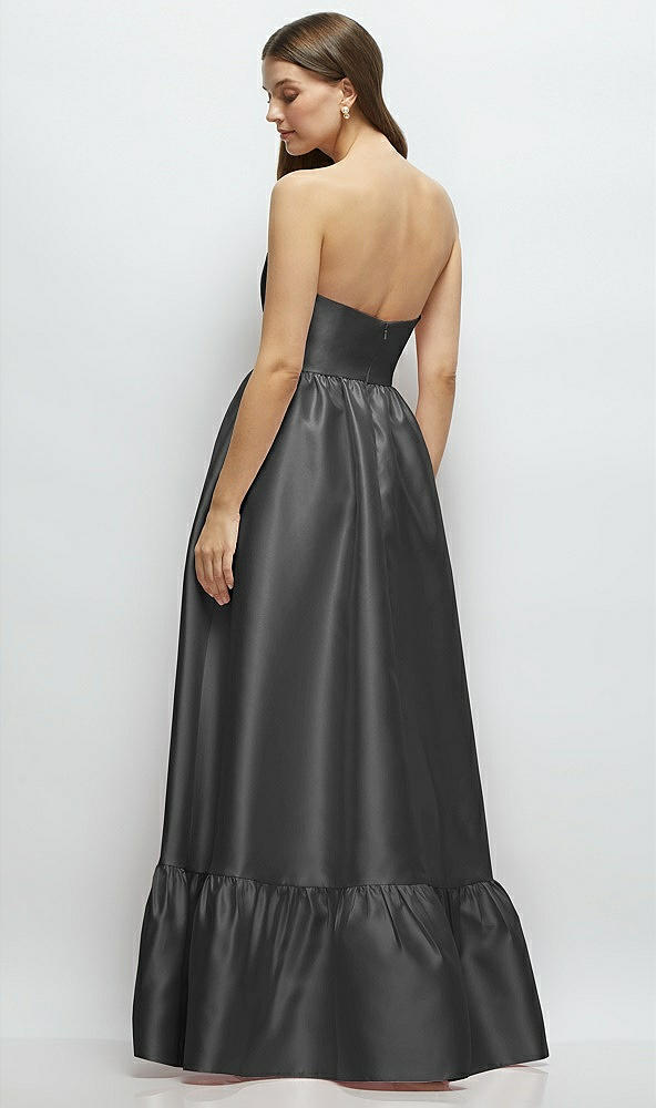 Back View - Pewter Strapless Cat-Eye Boned Bodice Maxi Dress with Ruffle Hem