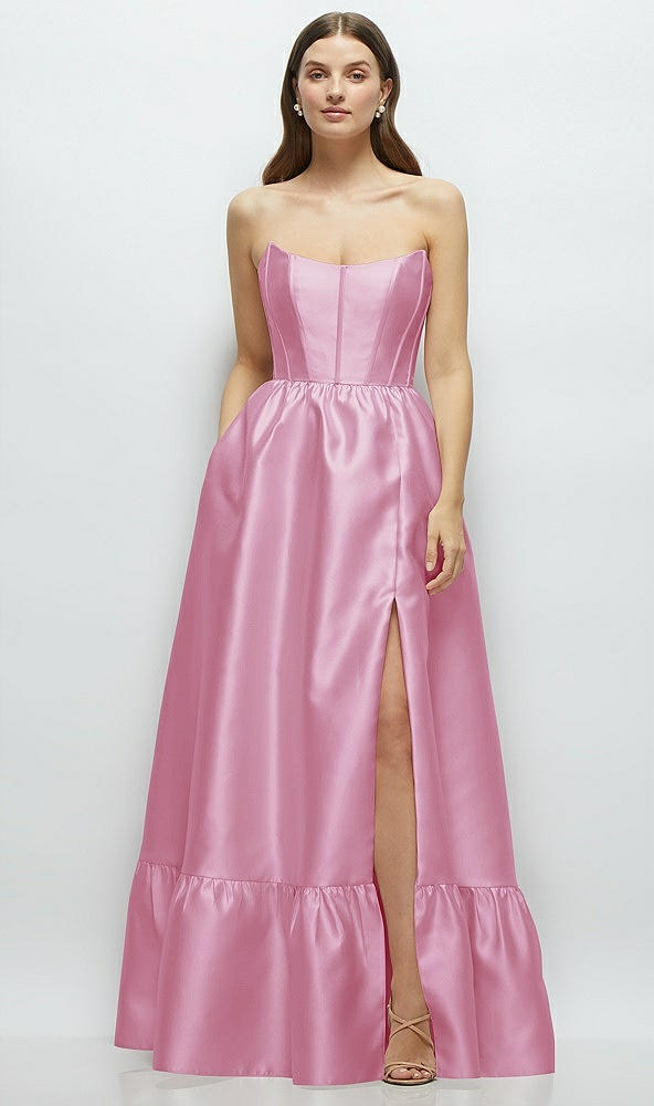 Front View - Powder Pink Strapless Cat-Eye Boned Bodice Maxi Dress with Ruffle Hem