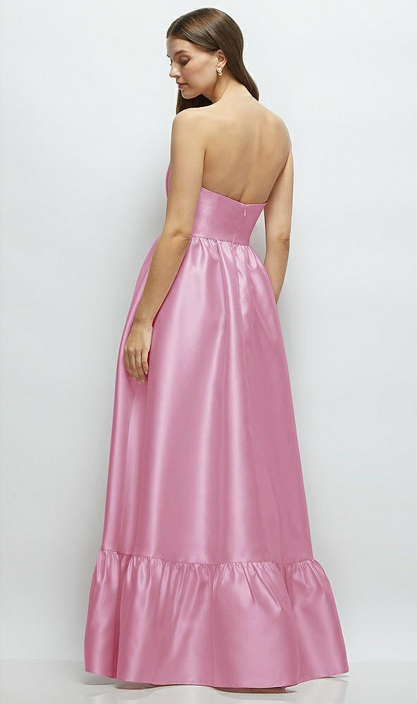 Back View - Powder Pink Strapless Cat-Eye Boned Bodice Maxi Dress with Ruffle Hem