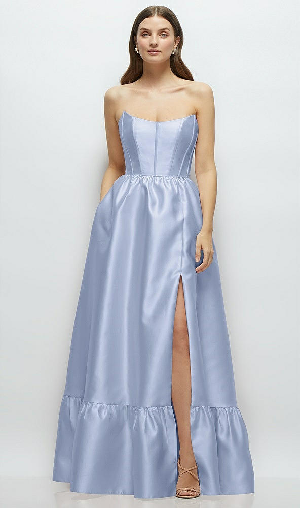 Front View - Sky Blue Strapless Cat-Eye Boned Bodice Maxi Dress with Ruffle Hem