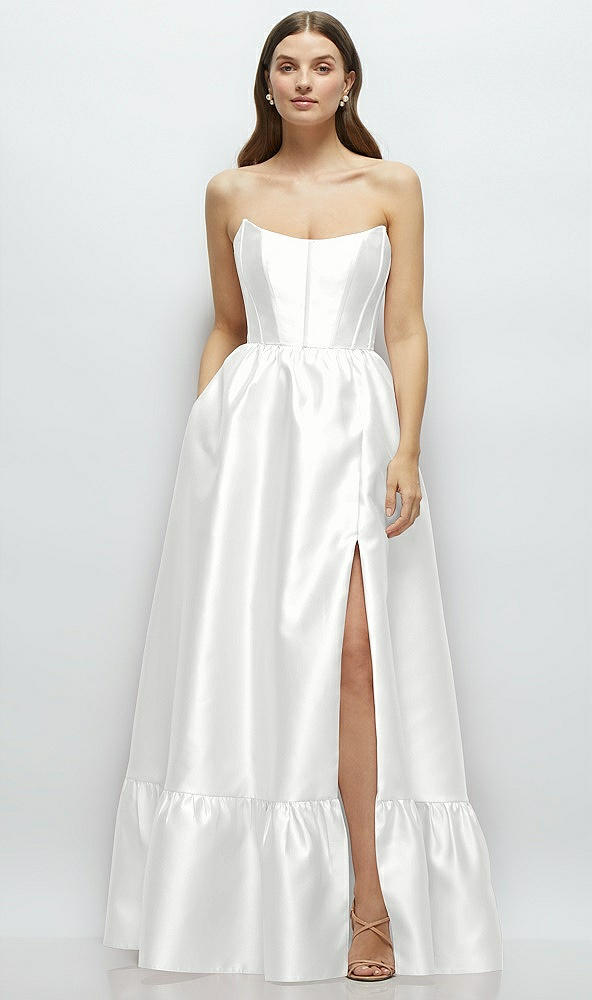 Front View - White Strapless Cat-Eye Boned Bodice Maxi Dress with Ruffle Hem