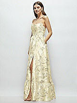 Front View Thumbnail - Butter Yellow Floral Floral Strapless Cat-Eye Boned Bodice Maxi Dress with Ruffle Hem