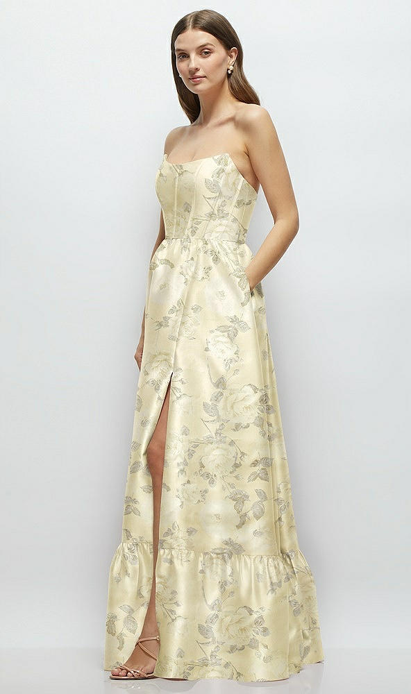 Front View - Butter Yellow Floral Floral Strapless Cat-Eye Boned Bodice Maxi Dress with Ruffle Hem