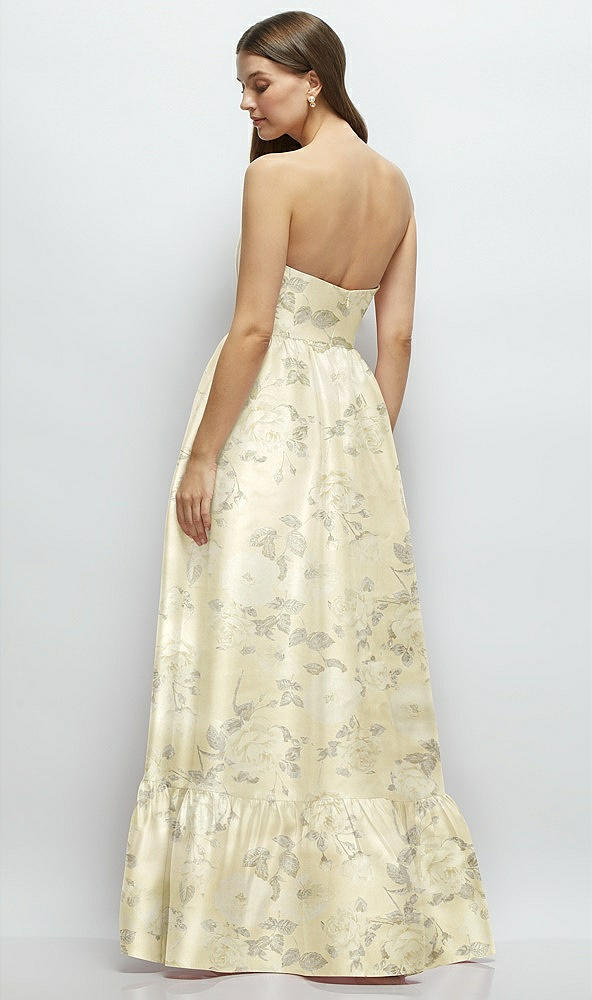 Back View - Butter Yellow Floral Floral Strapless Cat-Eye Boned Bodice Maxi Dress with Ruffle Hem
