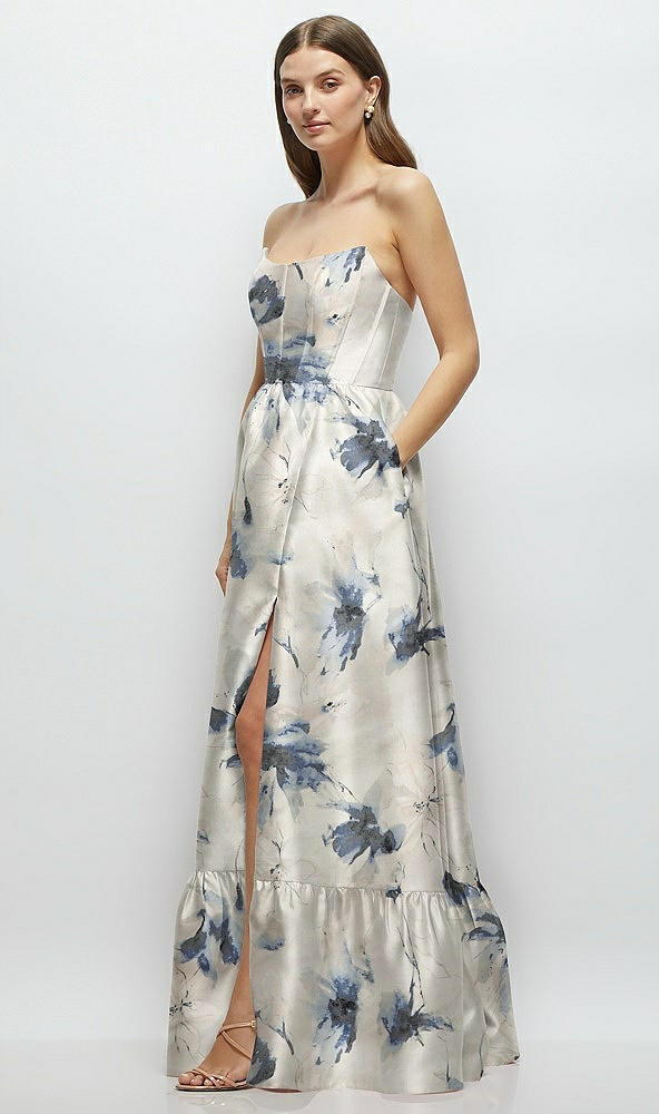 Front View - Inkwash Blue Floral Floral Strapless Cat-Eye Boned Bodice Maxi Dress with Ruffle Hem