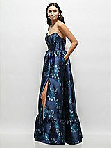 Side View Thumbnail - Midnight Navy Damask Navy Rose Damask Strapless Cat-Eye Bodice Maxi Dress with Ruffle Hem