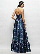 Rear View Thumbnail - Midnight Navy Damask Navy Rose Damask Strapless Cat-Eye Bodice Maxi Dress with Ruffle Hem