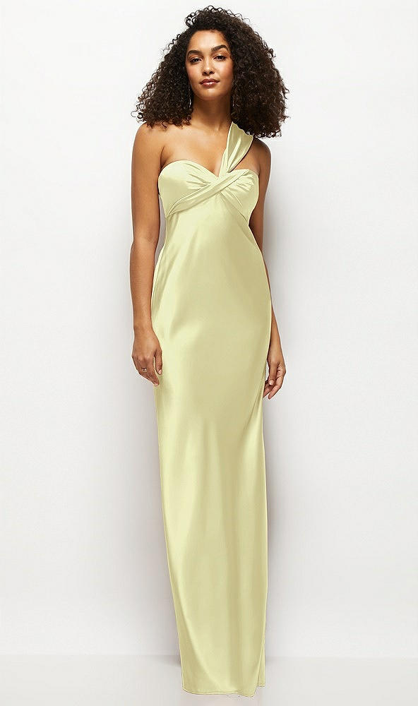 Front View - Butter Yellow Satin Twist Bandeau One-Shoulder Bias Maxi Dress