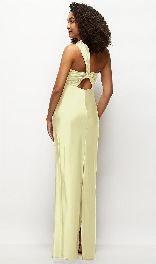 Back View - Butter Yellow Satin Twist Bandeau One-Shoulder Bias Maxi Dress