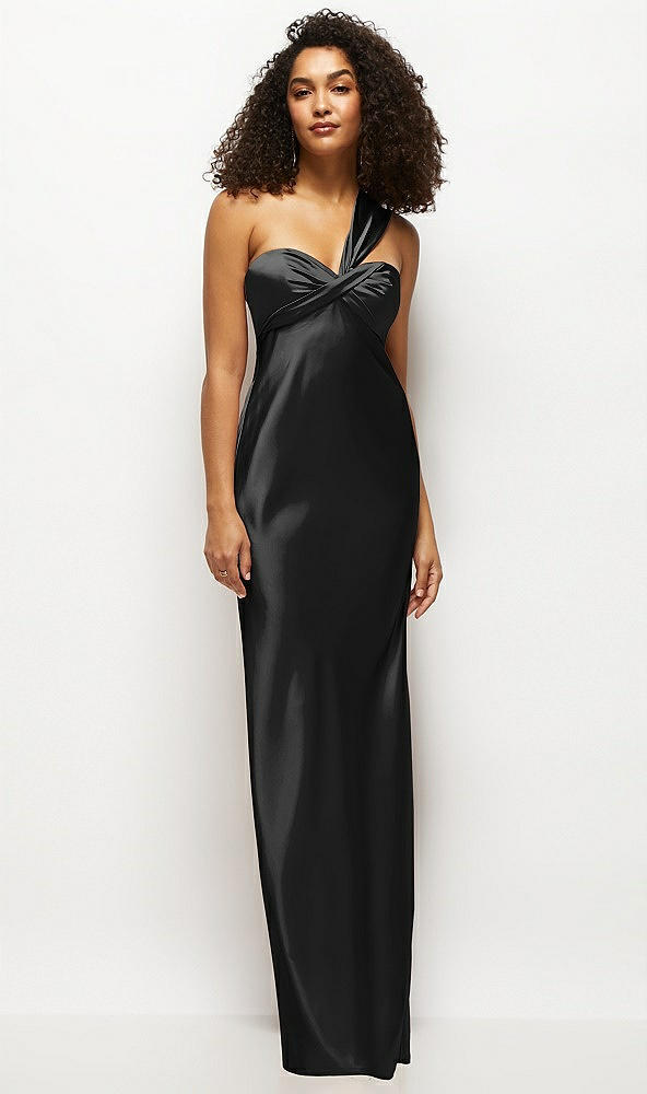 Front View - Black Satin Twist Bandeau One-Shoulder Bias Maxi Dress