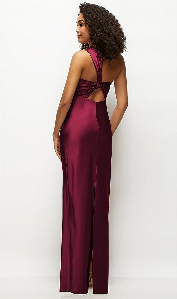 Back View - Cabernet Satin Twist Bandeau One-Shoulder Bias Maxi Dress