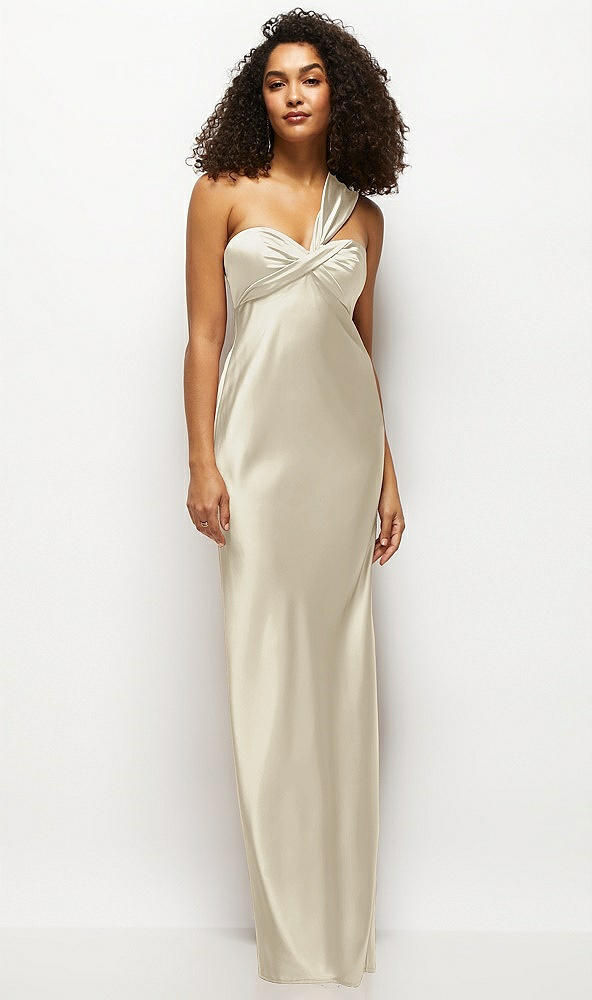 Front View - Champagne Satin Twist Bandeau One-Shoulder Bias Maxi Dress