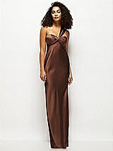 Front View Thumbnail - Cognac Satin Twist Bandeau One-Shoulder Bias Maxi Dress