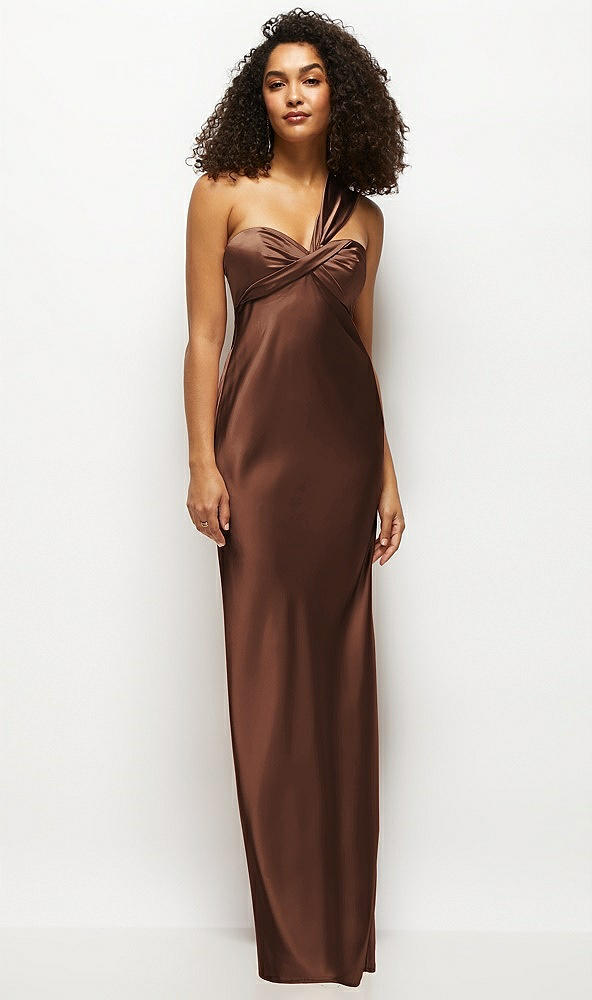 Front View - Cognac Satin Twist Bandeau One-Shoulder Bias Maxi Dress