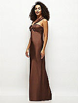 Side View Thumbnail - Cognac Satin Twist Bandeau One-Shoulder Bias Maxi Dress