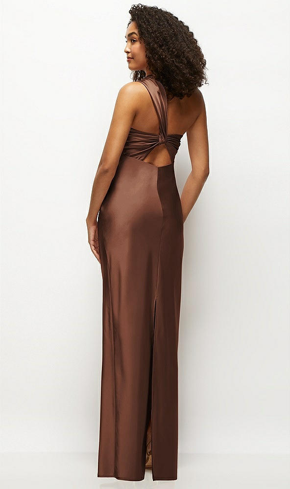 Back View - Cognac Satin Twist Bandeau One-Shoulder Bias Maxi Dress