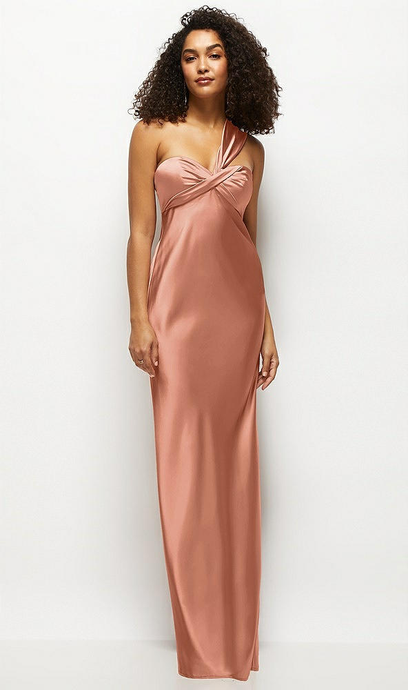 Front View - Copper Penny Satin Twist Bandeau One-Shoulder Bias Maxi Dress