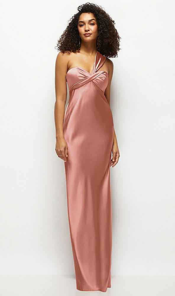 Front View - Desert Rose Satin Twist Bandeau One-Shoulder Bias Maxi Dress