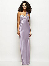 Front View Thumbnail - Lilac Haze Satin Twist Bandeau One-Shoulder Bias Maxi Dress