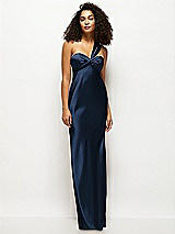 Front View Thumbnail - Midnight Navy Satin Twist Bandeau One-Shoulder Bias Maxi Dress