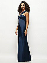 Side View Thumbnail - Midnight Navy Satin Twist Bandeau One-Shoulder Bias Maxi Dress