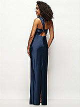 Rear View Thumbnail - Midnight Navy Satin Twist Bandeau One-Shoulder Bias Maxi Dress