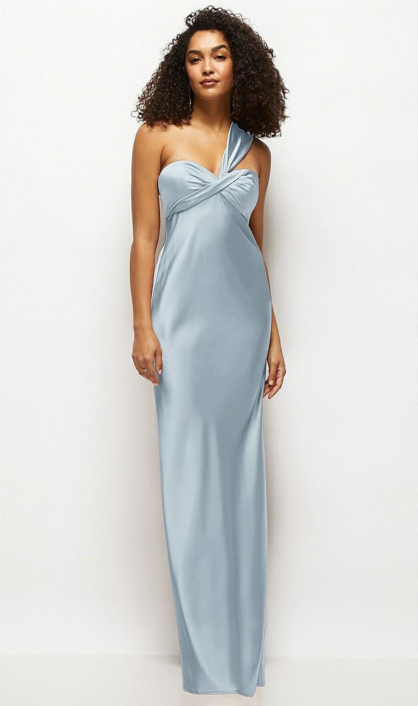 Front View - Mist Satin Twist Bandeau One-Shoulder Bias Maxi Dress