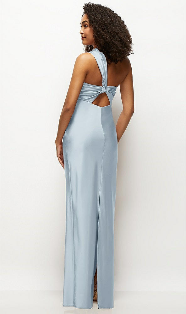 Back View - Mist Satin Twist Bandeau One-Shoulder Bias Maxi Dress