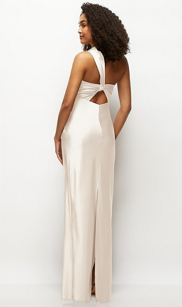 Back View - Oat Satin Twist Bandeau One-Shoulder Bias Maxi Dress