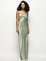 Front View Thumbnail - Sage Satin Twist Bandeau One-Shoulder Bias Maxi Dress