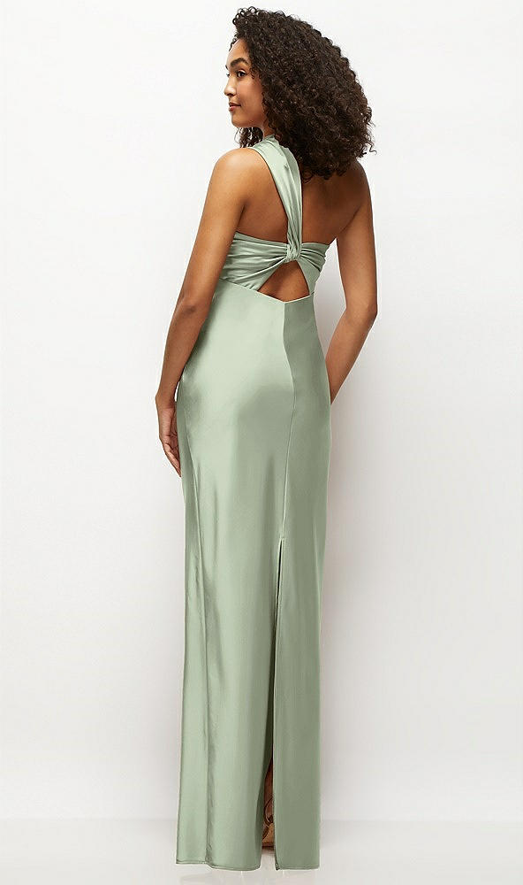 Back View - Sage Satin Twist Bandeau One-Shoulder Bias Maxi Dress