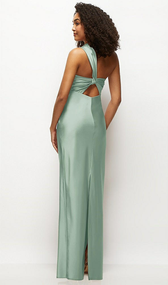 Back View - Seagrass Satin Twist Bandeau One-Shoulder Bias Maxi Dress