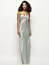 Front View Thumbnail - Willow Green Satin Twist Bandeau One-Shoulder Bias Maxi Dress