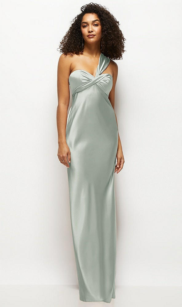 Front View - Willow Green Satin Twist Bandeau One-Shoulder Bias Maxi Dress