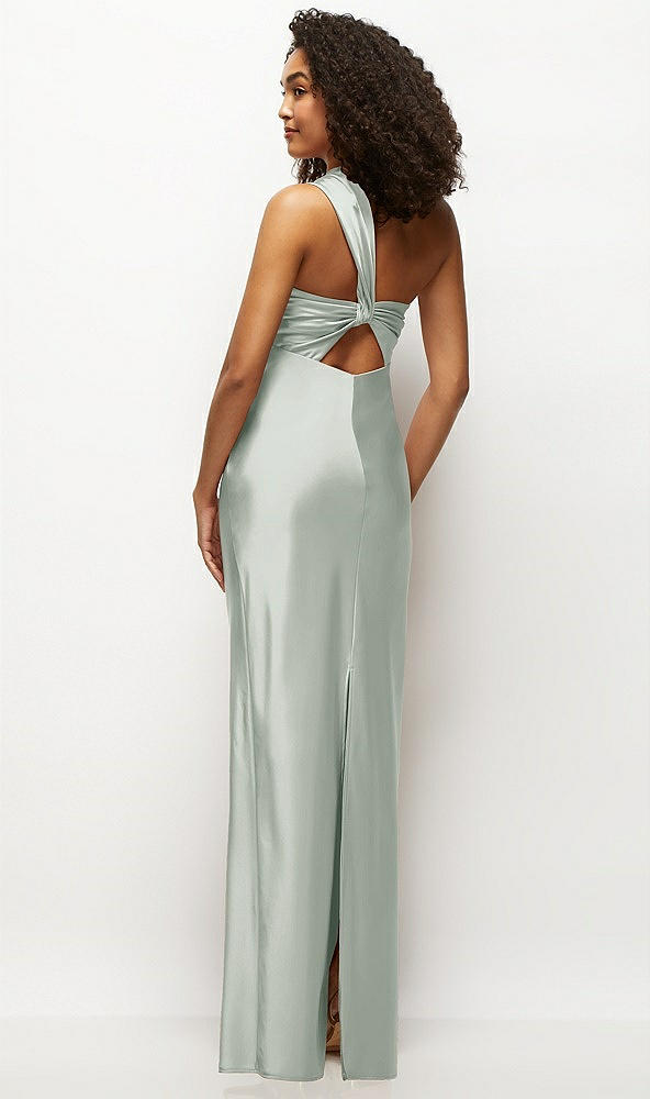 Back View - Willow Green Satin Twist Bandeau One-Shoulder Bias Maxi Dress