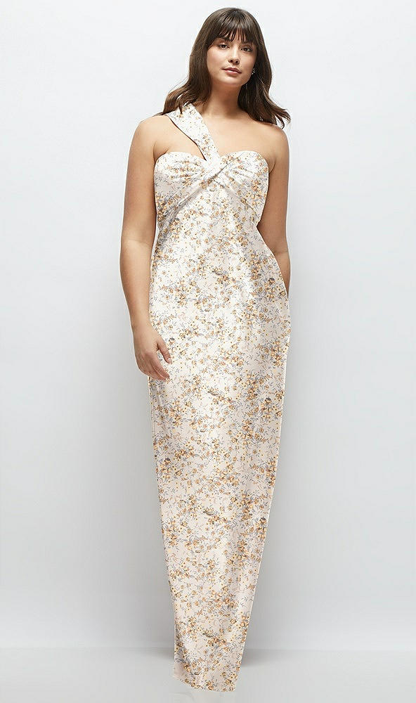 Front View - Golden Hour Floral Satin Twist Bandeau One-Shoulder Bias Maxi Dress