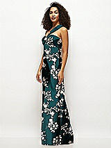 Side View Thumbnail - Vintage Primrose Evergreen Floral Satin Twist Bandeau One-Shoulder Bias Maxi Dress