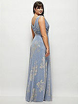 Rear View Thumbnail - Larkspur Gold Foil Draped V-Neck Gold Floral Metallic Pleated Maxi Dress