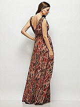 Rear View Thumbnail - Harvest Floral Print Draped V-Neck Fall Floral Pleated Metallic Maxi Dress