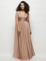 Front View Thumbnail - Metallic Sienna Streamer Sleeve Pleated Metallic Maxi Dress with Full Skirt