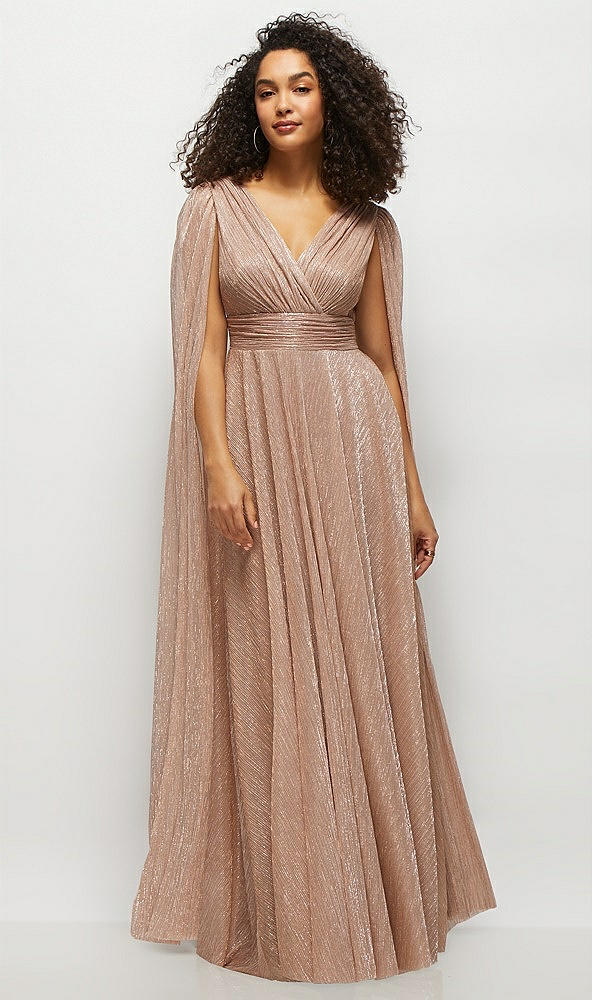 Front View - Metallic Sienna Streamer Sleeve Pleated Metallic Maxi Dress with Full Skirt