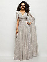 Alt View 1 Thumbnail - Metallic Taupe Streamer Sleeve Pleated Metallic Maxi Dress with Full Skirt