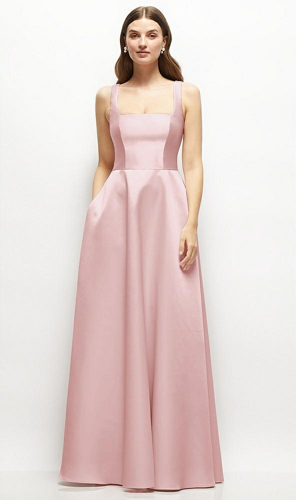 Front View - Ballet Pink Square-Neck Satin Maxi Dress with Full Skirt