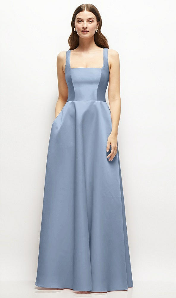 Front View - Cloudy Square-Neck Satin Maxi Dress with Full Skirt