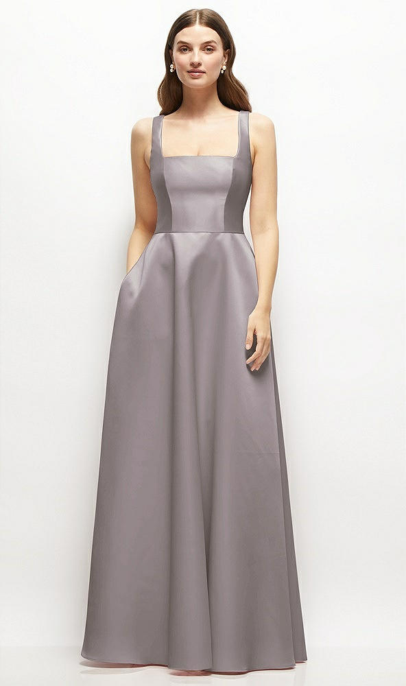 Front View - Cashmere Gray Square-Neck Satin Maxi Dress with Full Skirt