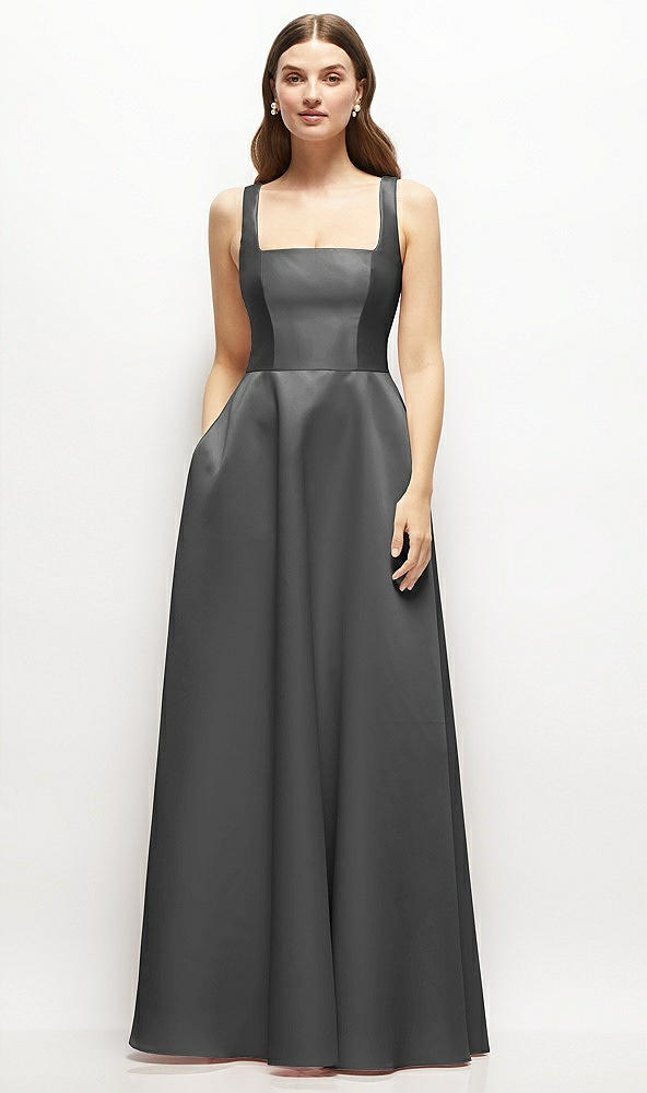 Front View - Gunmetal Square-Neck Satin Maxi Dress with Full Skirt