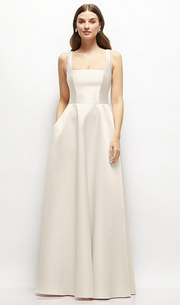 Front View - Ivory Square-Neck Satin Maxi Dress with Full Skirt