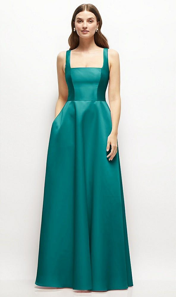 Front View - Jade Square-Neck Satin Maxi Dress with Full Skirt