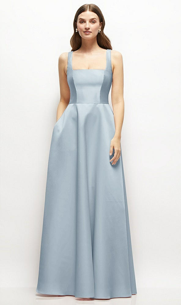 Front View - Mist Square-Neck Satin Maxi Dress with Full Skirt